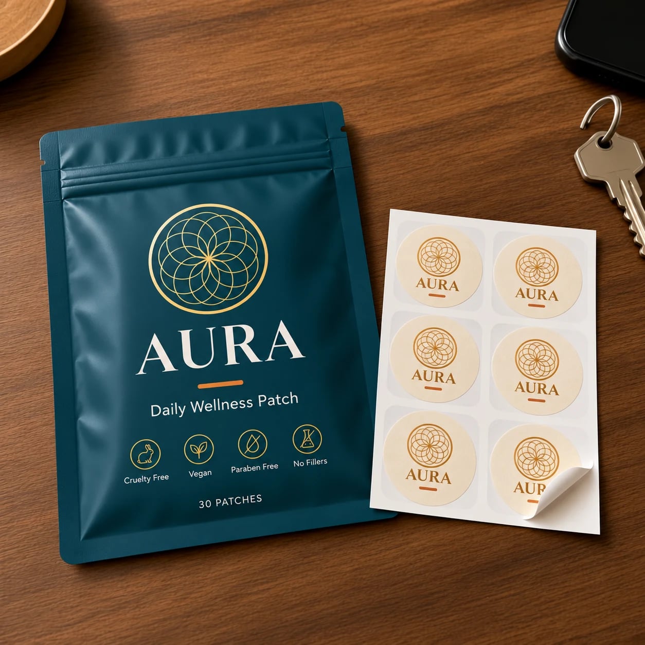 Aura pouch on a wood table beside a sticker sheet of six round AURA patches