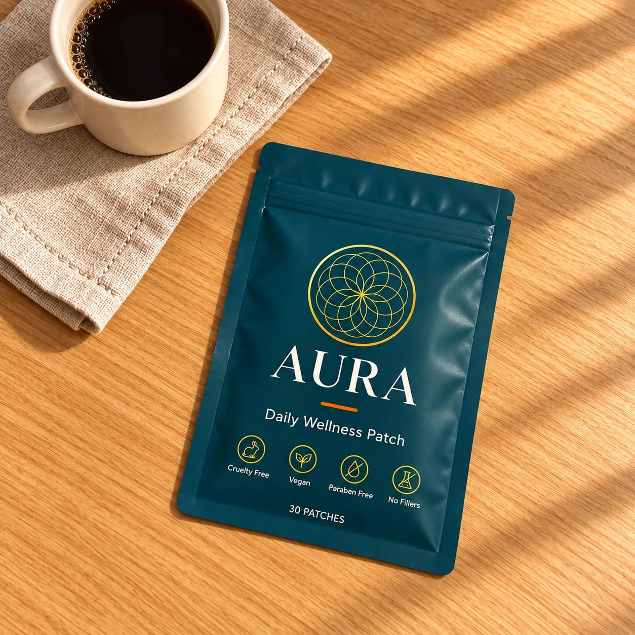Overhead view of an Aura pouch lying flat on an oak table beside a ceramic mug and folded linen