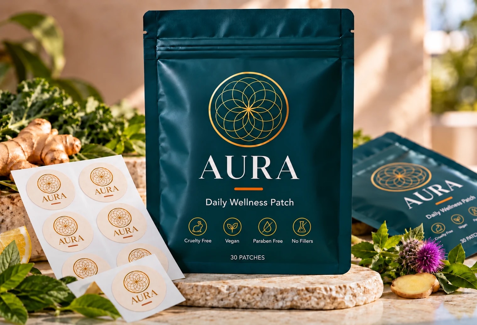 Aura daily wellness pouch with cream patches, gold AURA lettering and gold floral emblems, ginger, and greens